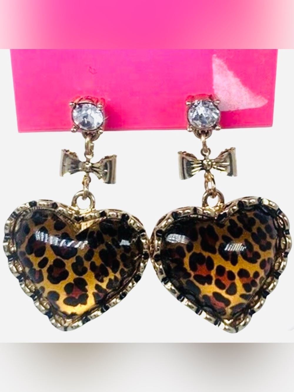 Betsey Johnson Gold Bow Heart Earrings with Leopard Print
